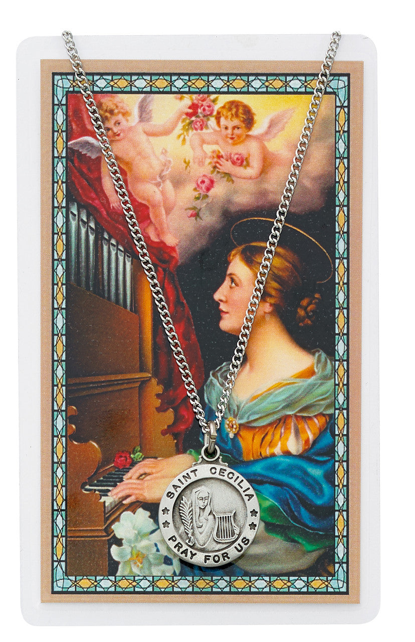 ST CECILIA PRAYER CARD SET INCLUDES 18" SILVERTONE CHAIN