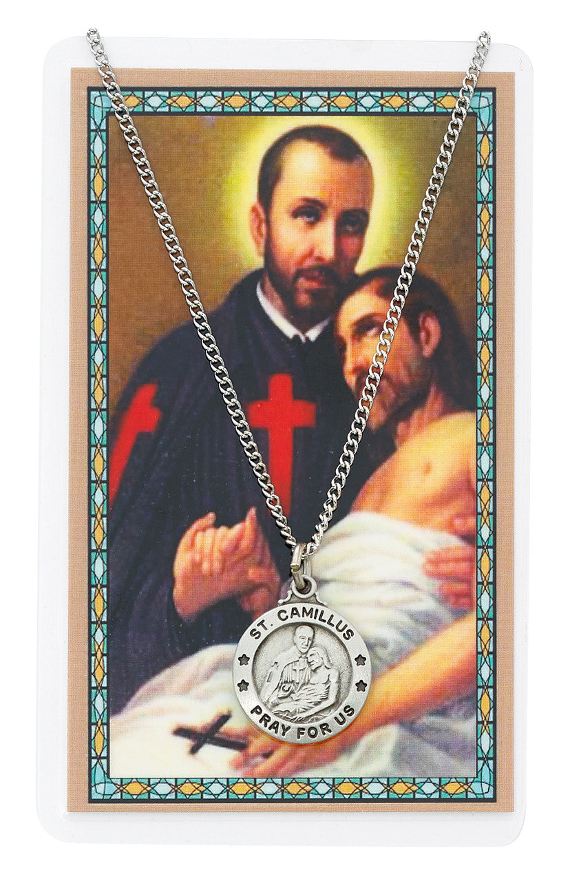 ST CAMILLUS PRAYER CARD SET INCLUDES 24" SILVERTONE CHAIN