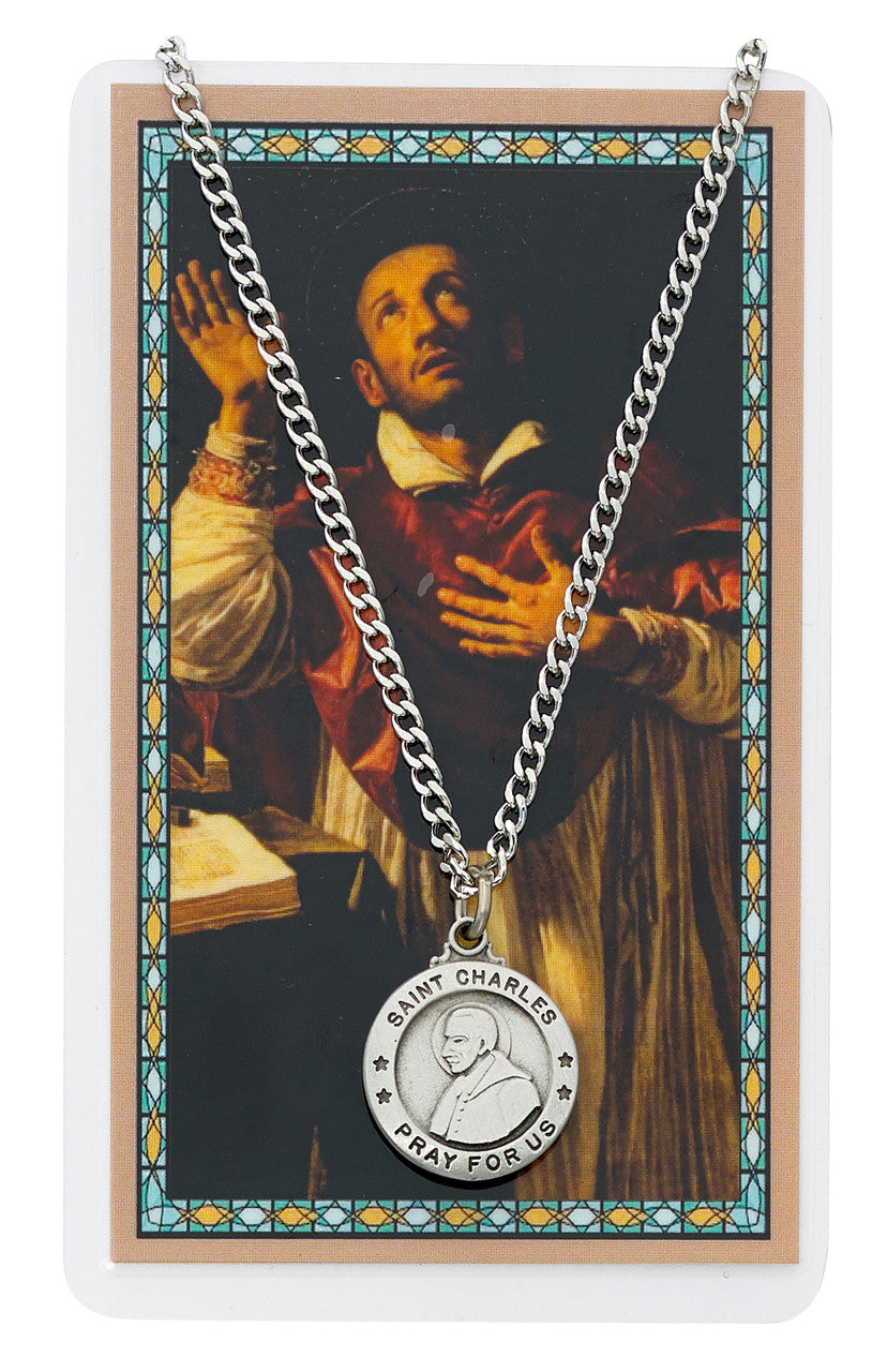 ST CHARLES PRAYER CARD SET INCLUDES 24" SILVERTONE CHAIN