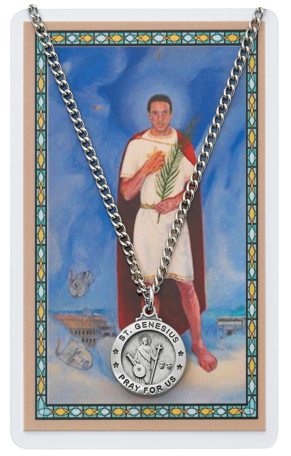 ST GENESIUS PRAYER CARD SET INCLUDES 24" SILVERTONE CHAIN