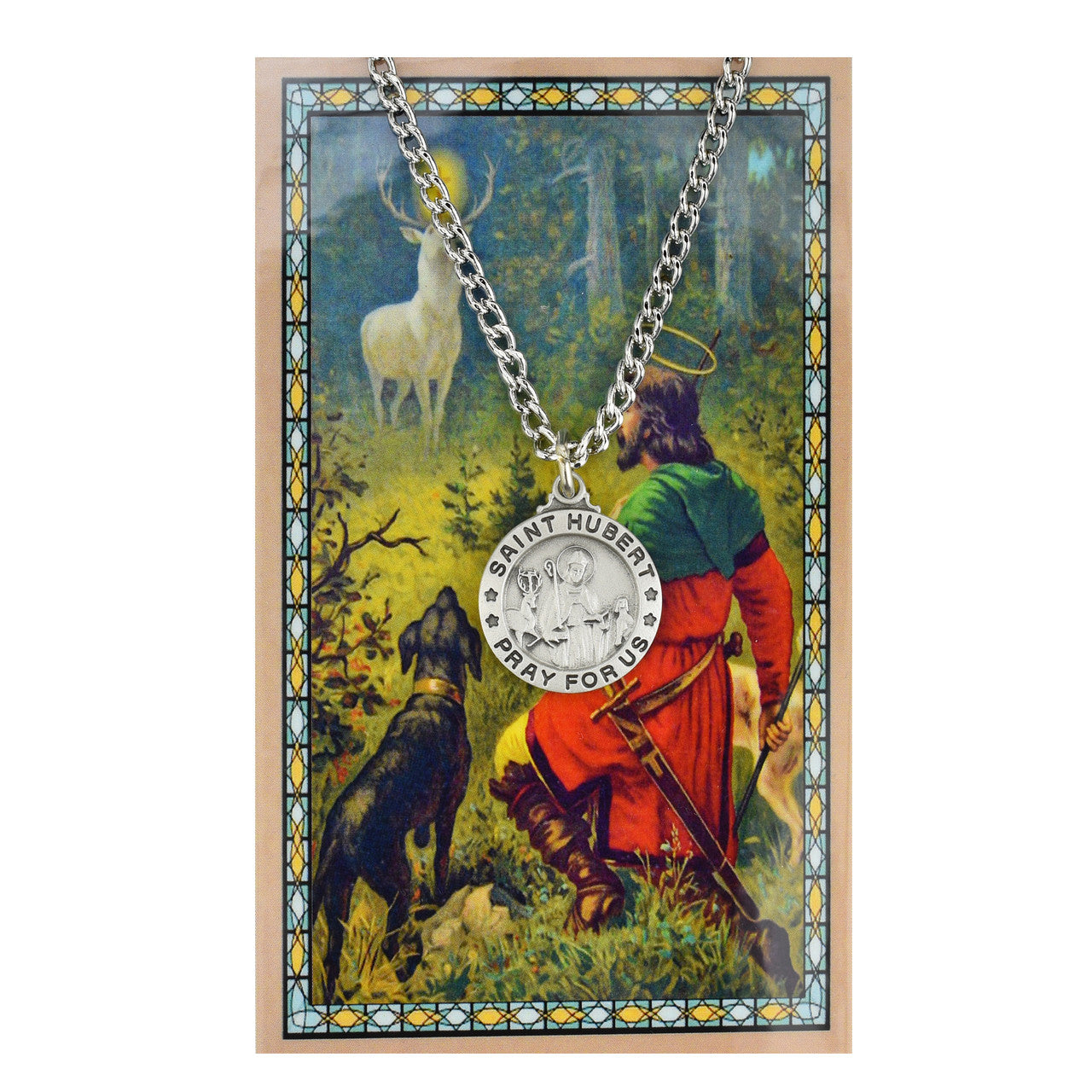 ST HUBERT PRAYER CARD SET INCLUDES 24" SILVERTONE CHAIN