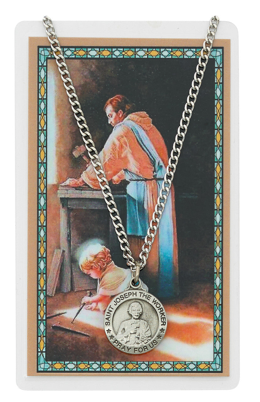 ST JOSEPH WORKER PRAY CARD SET INCLUDES 24" SILVERTONE CHAIN