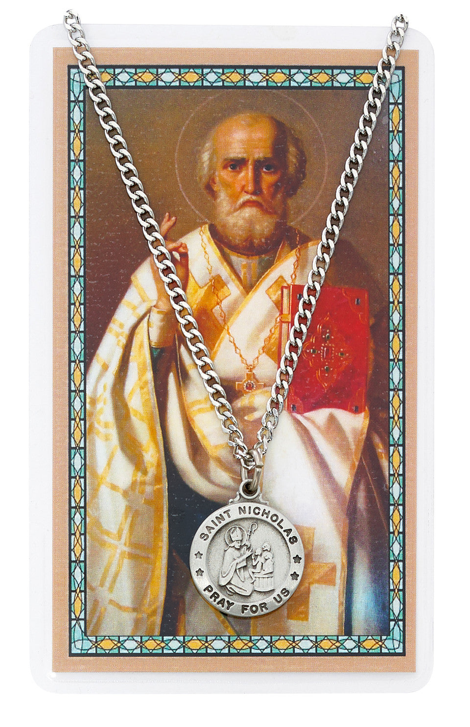 PEWTER ST. NICHOLAS PRAYER CARD SET INCLUDES 24" INCHES SILVERTONE CHAIN