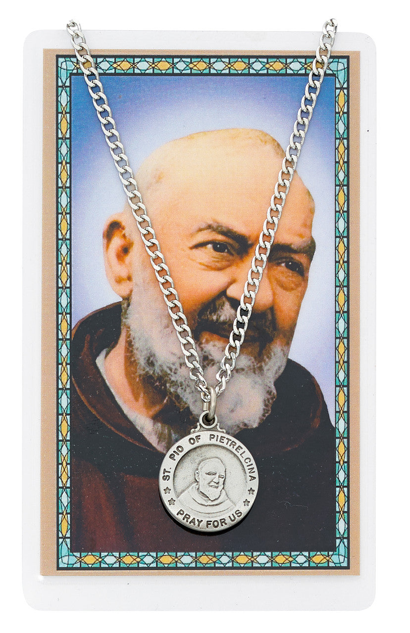 PEWTER ST. PIO PRAYER CARD SET INCLUDES 24" INCHES SILVERTONE CHAIN