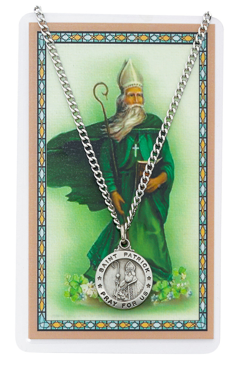 PEWTER MEDAL ST PATRICK PRAYER CARD SET INCLUDES 24" INCHES SILVERTONE CHAIN