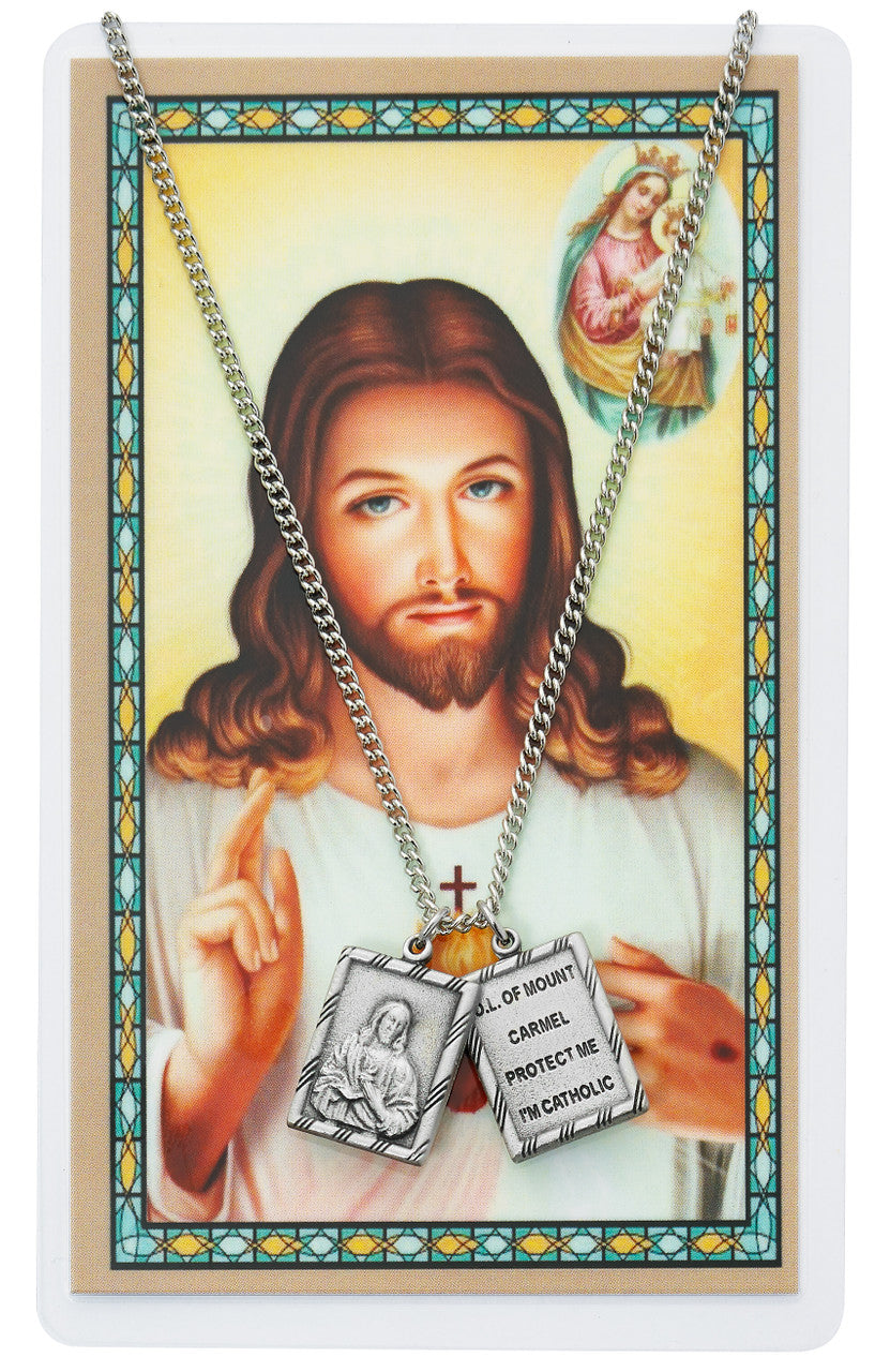SCAPULAR PENDANT & PRAYER CARD  INCLUDES 24" SILVERTONE CHAIN