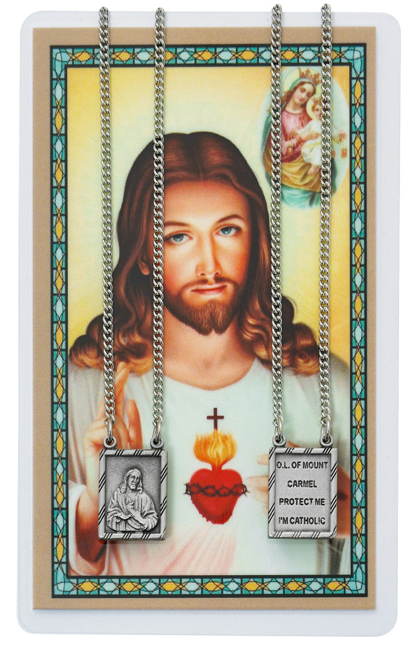 SCAPULAR PENDANT & PRAYER CARD SET  INCLUDES 30" SILVERTONE CHAIN