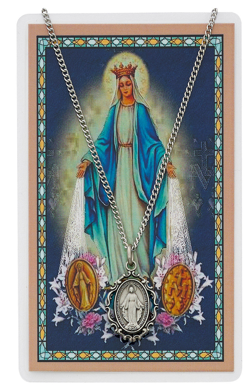 MIRACULOUS MEDAL PRAYER CARD SET INCLUDES 18" SILVERTONE CHAIN