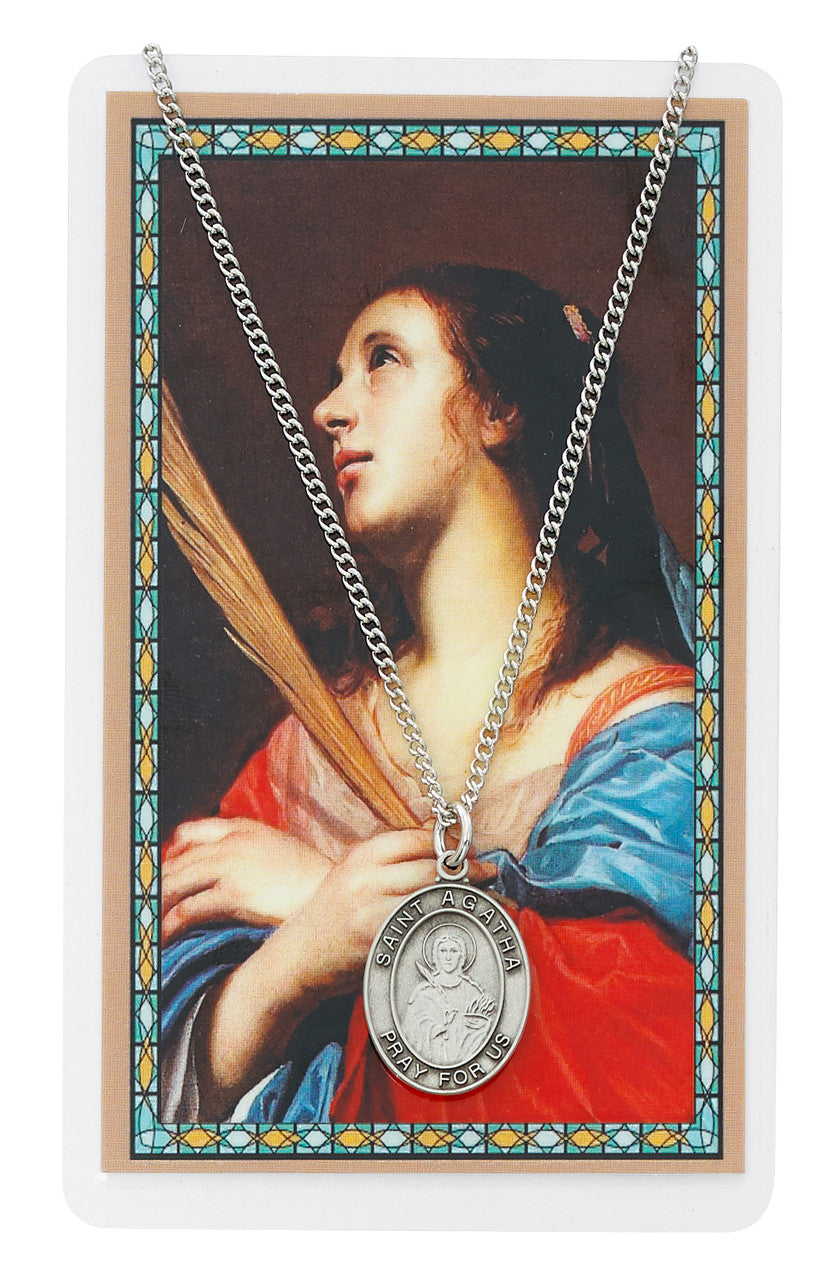 ST AGATHA MEDAL & PRAYER CARD SET ON 18" INCHES CHAIN NICKEL CHAIN