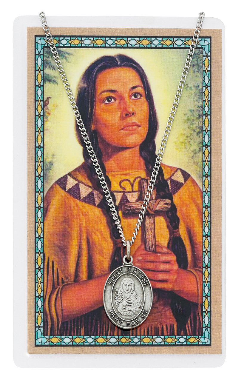 ST KATERI MEDAL & PRAYER CARD WITH 18" CHAIN NICKEL CHAIN
