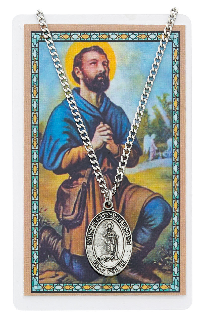 ST ISIDORE MEDAL & PRAYER CARD WITH 24" CHAIN NICKEL CHAIN