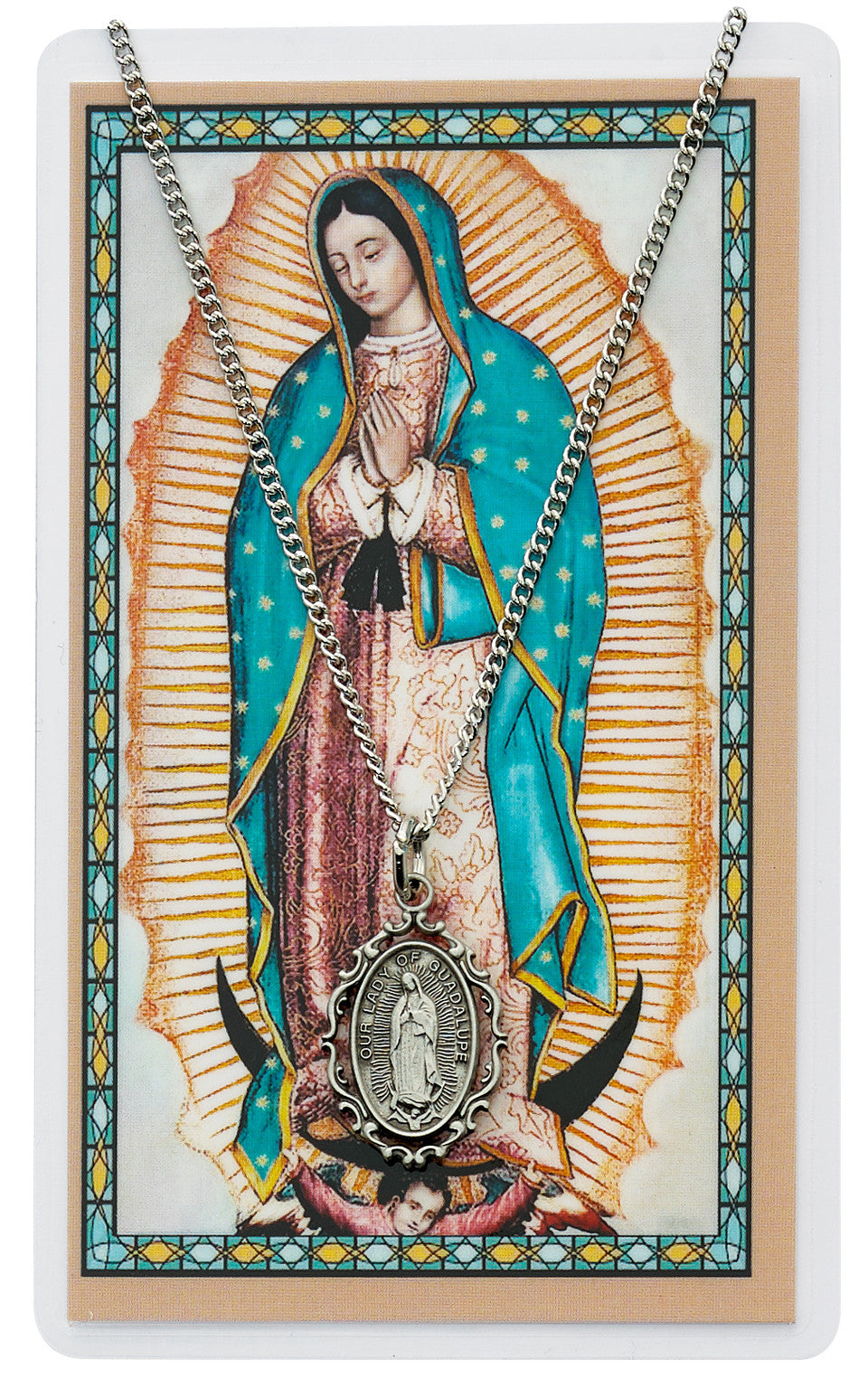 PEWTER NECKLACE GUADALUPE CARD & MEDAL on a 18" INCHES PLATED CHAIN