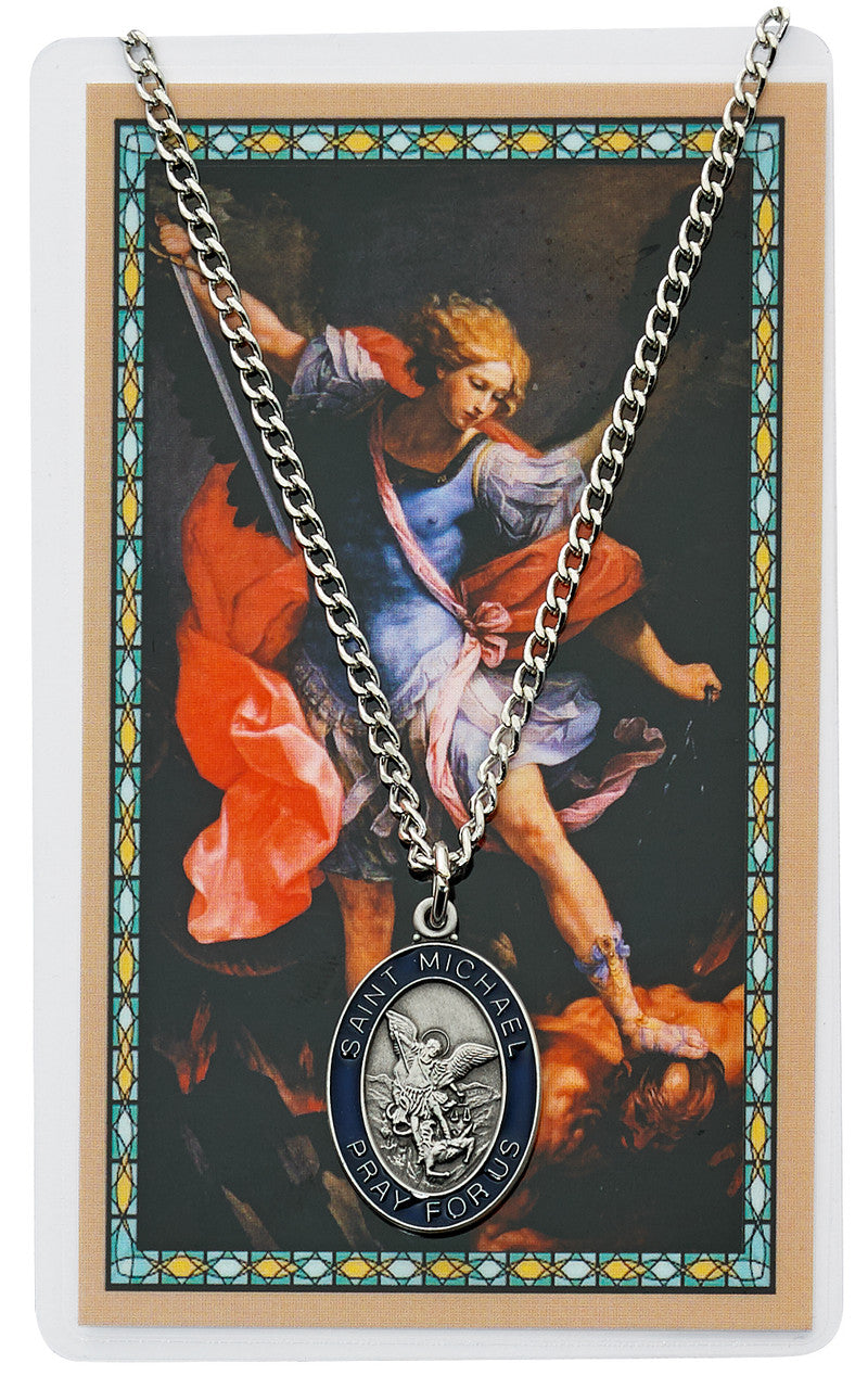 BLUE ENAMELED PEWTER MEDAL ST MICHAEL PRAYER CARD SET