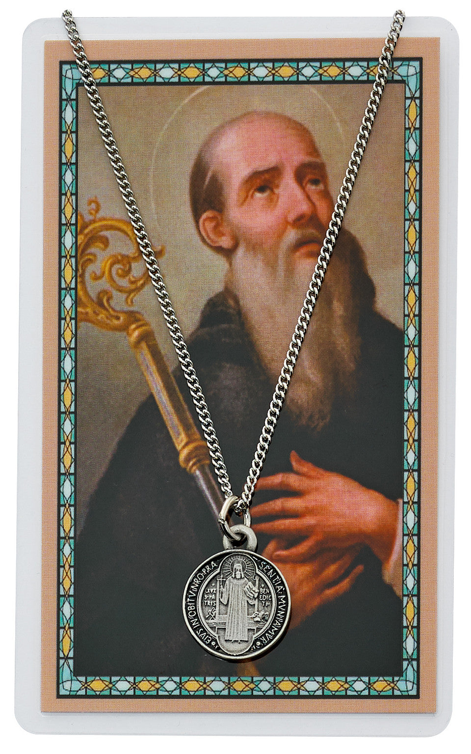 ST BENEDICT PRAYER CARD SET INCLUDES 18" SILVERTONE CHAIN