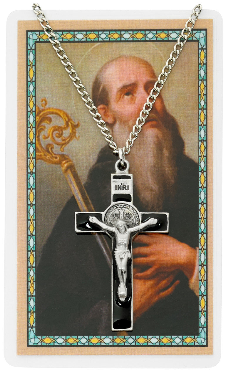 ST. BENEDICT CROSS & PRAY CARD INCLUDES 24" SILVERTONE CHAIN