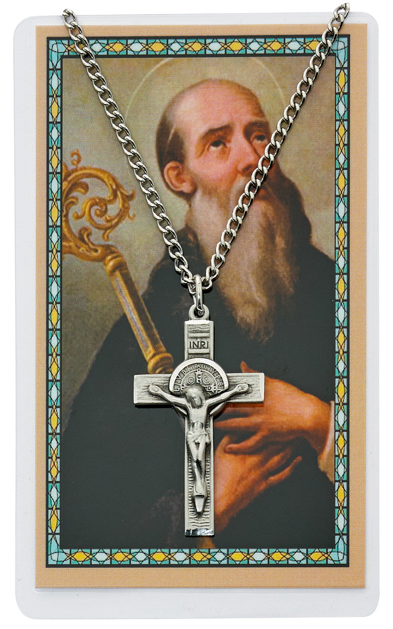 ST. BENEDICT CROSS & PRAY CARD SET INCLUDES 24" SILVERTONE CHAIN