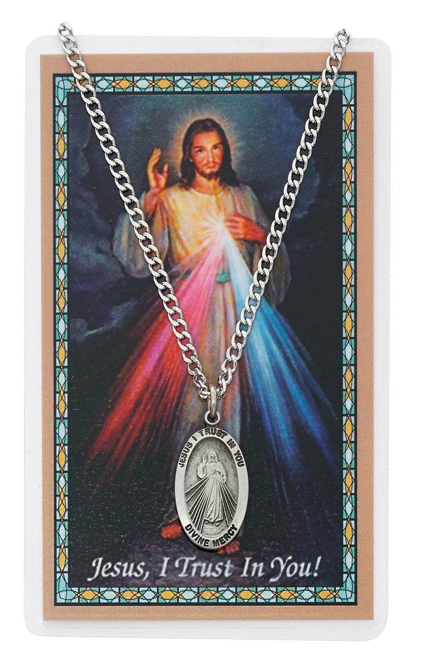 DIVINE MERCY PRAYER CARD SET PEWTER MEDAL INCLUDES 24" SILVERTONE CHAIN