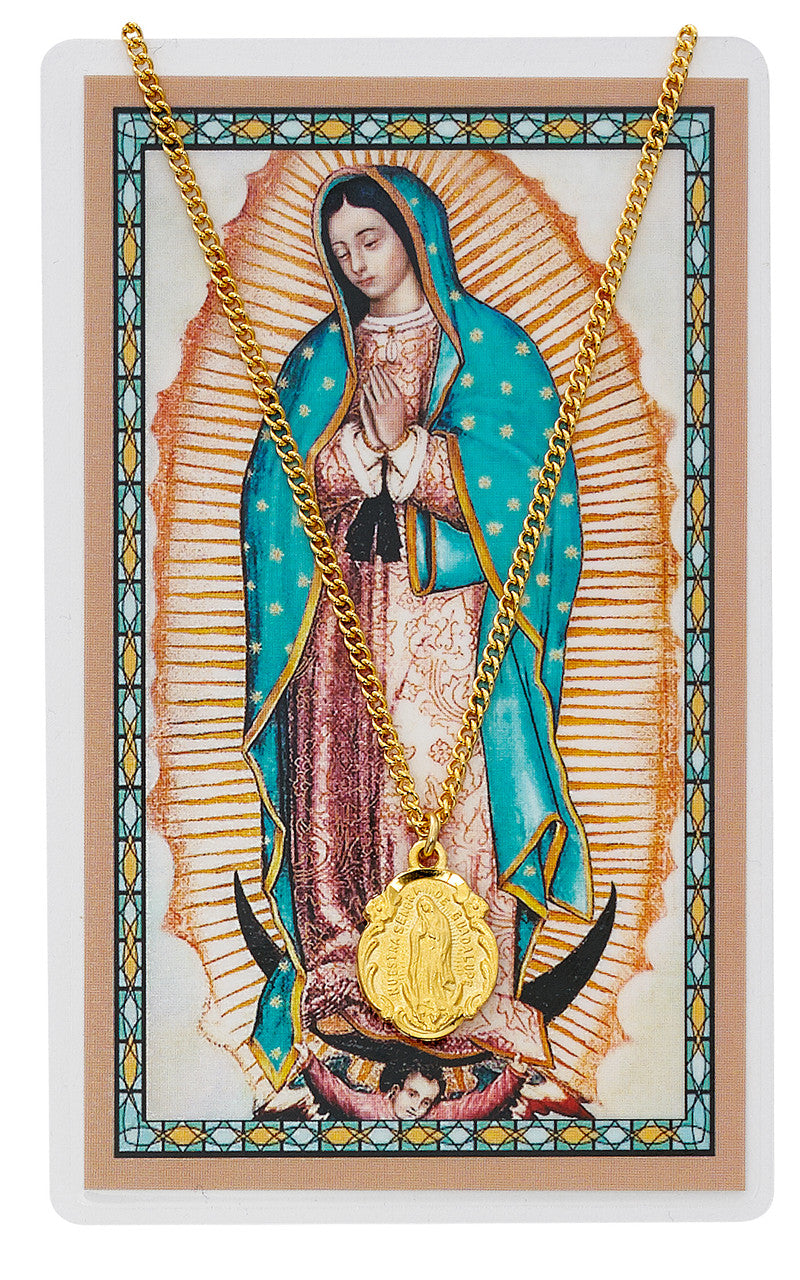 GOLD PLATED PEWTER MEDAL OUR LADY OF GUADALUPE PRAYER CARD SET