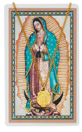 GOLD PLATED PEWTER MEDAL OUR LADY OF GUADALUPE PRAYER CARD SET