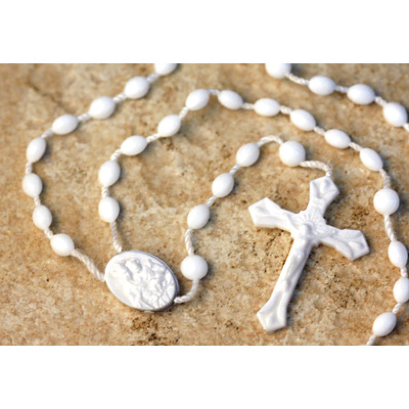 White Plastic Rosary Beads 17 Inch Nylon String 5mm 1 Inch Crucifix - 100 Per Pack