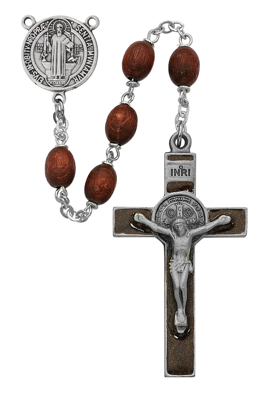 6X8MM BROWN WOOD BEADS WITH PEWTER CRUCIFIXST BENEDICT ROSARY