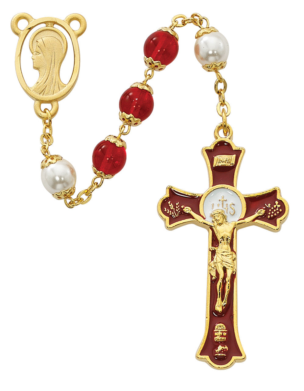 8MM RED/PEARL CAPPED ROSARY