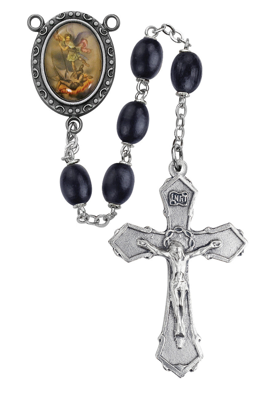 6X8MM BLACK WOOD BEADS WITH SILVER OX CRUCIFIX