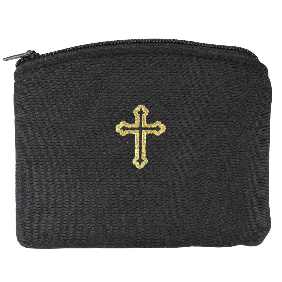 Black neoprene Rosary Pouch with Gold CROSS. RP31