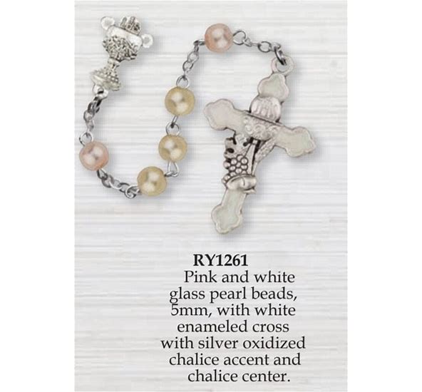 First Communion Rosary. Pink And White Glass Pearl Beads