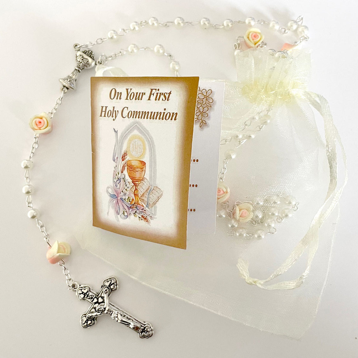 Pearl & Rose Rosary W/Organza Bag Prayer Card