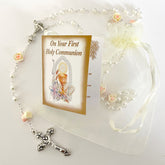 Pearl & Rose Rosary W/Organza Bag Prayer Card