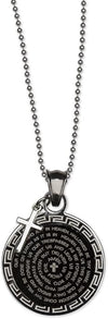 Lord's Prayer Black & Silver Circle Prayer Necklace With Cross 24" Chain, Gift Box mm3027